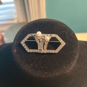 Art Deco Sterling Silver, Genuine Pearl, and Rhinestone Brooch.